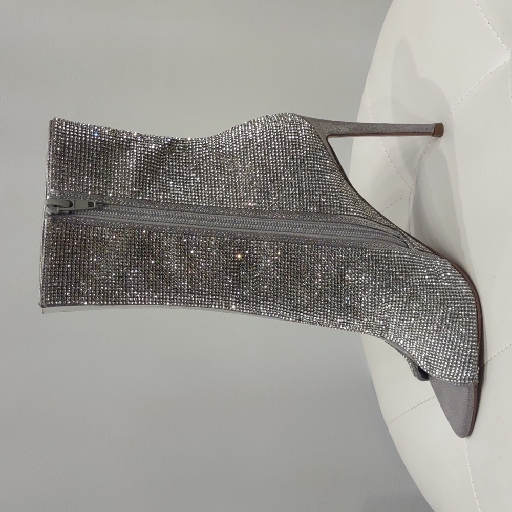 Steve Madden Finley rhinestone Crystal silver ankle high heel booty open toe 6.5 - Picture 3 of 7